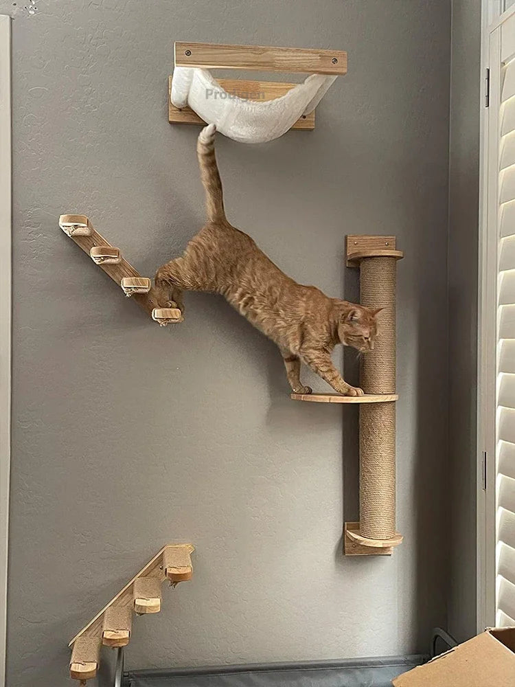 Wall-Mounted Cat Climbing Shelf Set with Bridge and Hammock