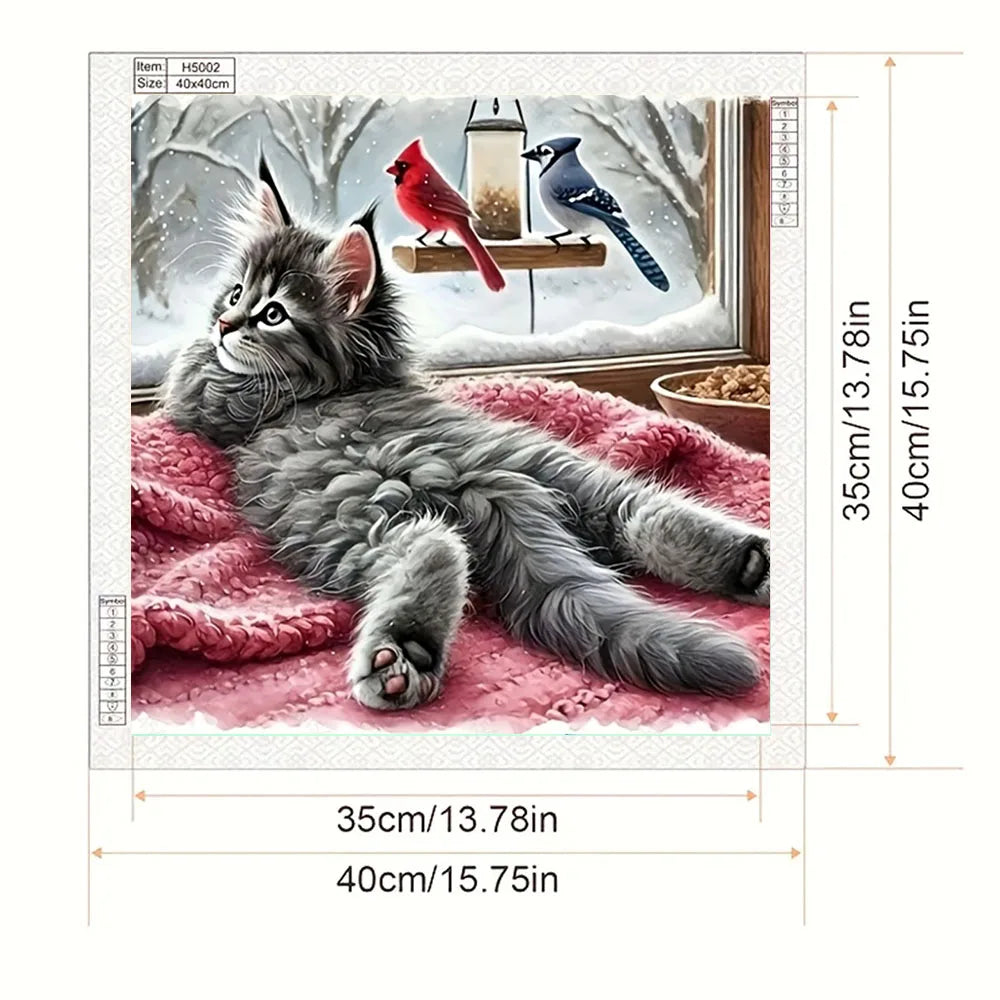 Lazy Cat Diamond Painting Kit, Fluffy Kitten Watching Winter Birds