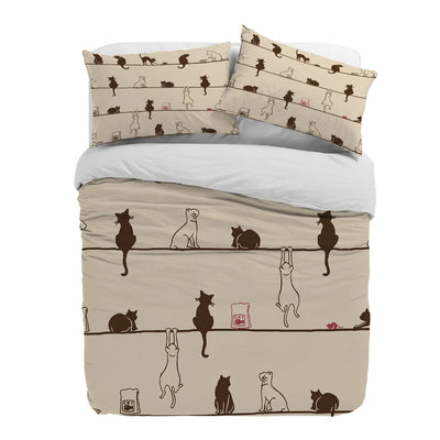 Cat and Toy Mouse Duvet Cover Set, Playful Cat Print Bedding With 2 Pillowcases