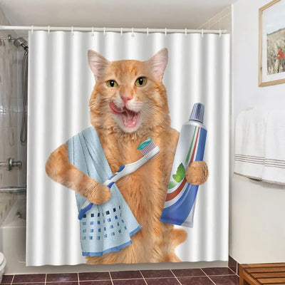 Cute Cat and Dinosaur Shower Curtain with 12 Hooks Included
