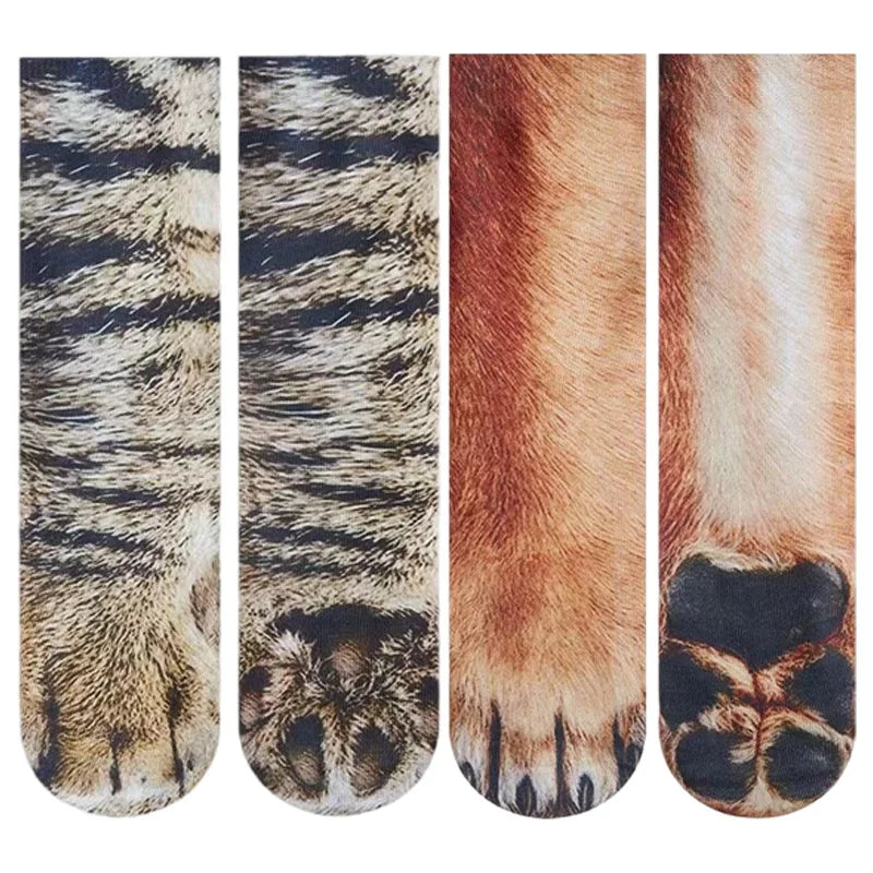 Funny 3D Cat Paw Socks, Printed Animal Paw Crew Socks