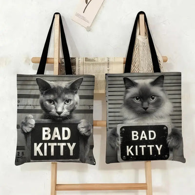 Bad Kitty Mugshot Tote Bag, Funny Gray Cat Canvas Shopping Bag