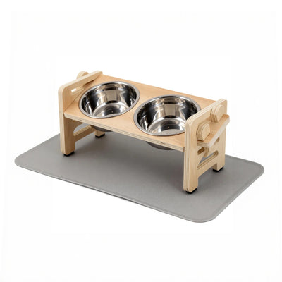 Wooden Raised Cat Bowl Stand With Two Stainless Steel Bowls and 15-Degree Tilt