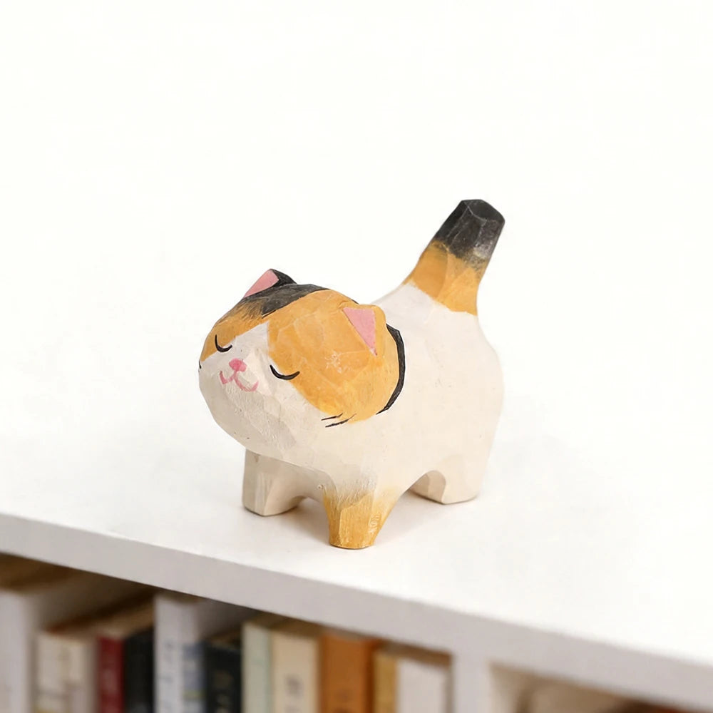 Hand-Carved Wooden Cat Figurine, 8 Breeds in Painted Basswood