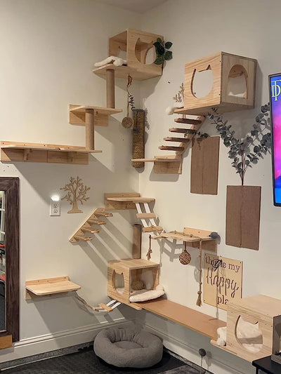 Wall-Mounted Cat Climbing Shelf Set with Bridge and Hammock