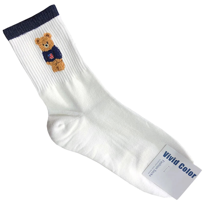 Cute Cartoon Bear Socks for Women, Cotton Blend Ankle Socks