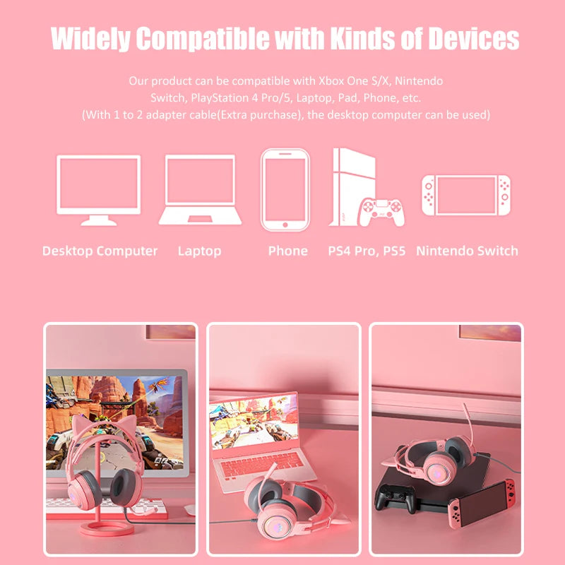 JINSERTA Cat Wallet Cat Ear Gaming Headphones – RGB Wired Headset with Mic, 50mm Drivers, 3.5mm Connection for PC & Phone