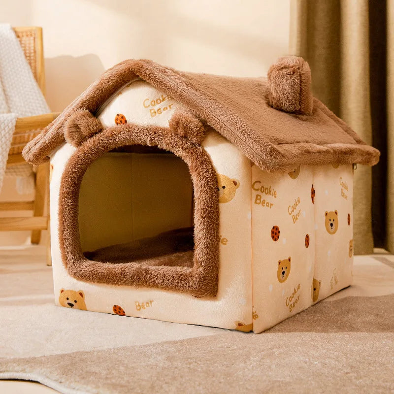 Shaggy Roof Cat House Bed with Fluffy Faux Fur Trim