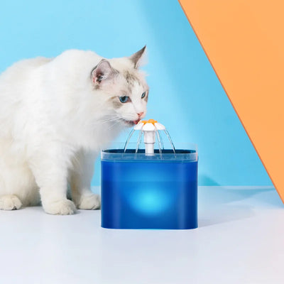 2L Cat Water Fountain With LED Light, Square Blue Fountain With Flower Spout