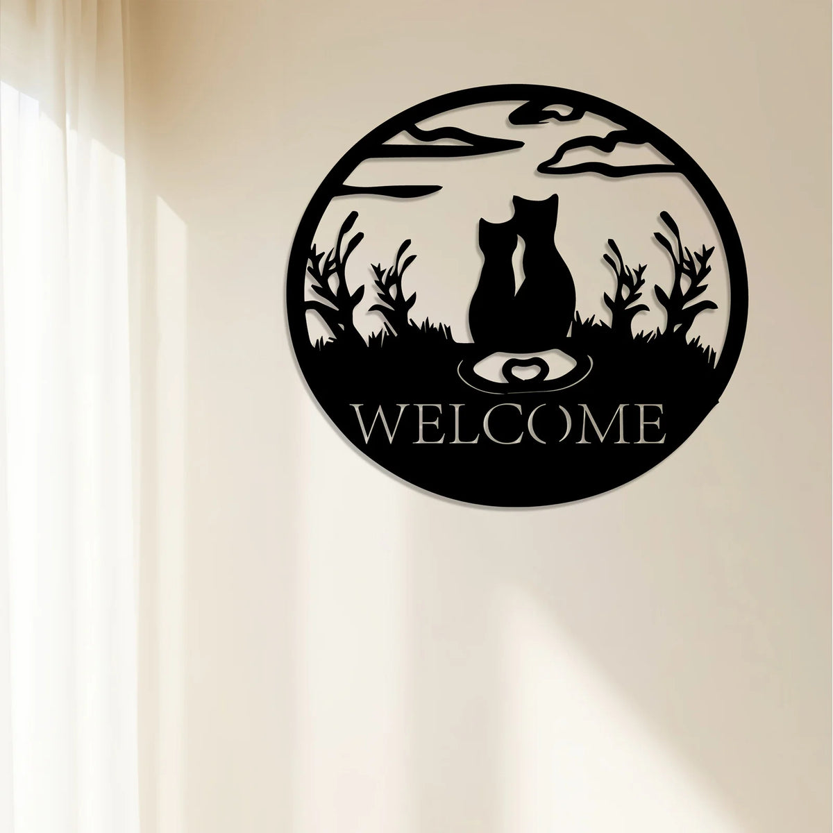 Two Cats Welcome Metal Sign, Black Cat Silhouette Wall Art