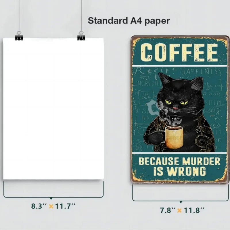 Coffee Cat Tin Sign, Retro Metal Kitchen and Cafe Wall Decor