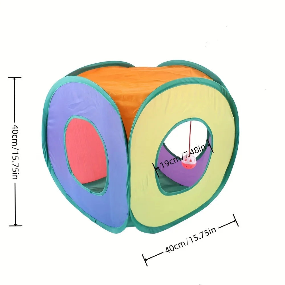 Rainbow Cat Play Cube Tunnel with Hanging Ball Toy