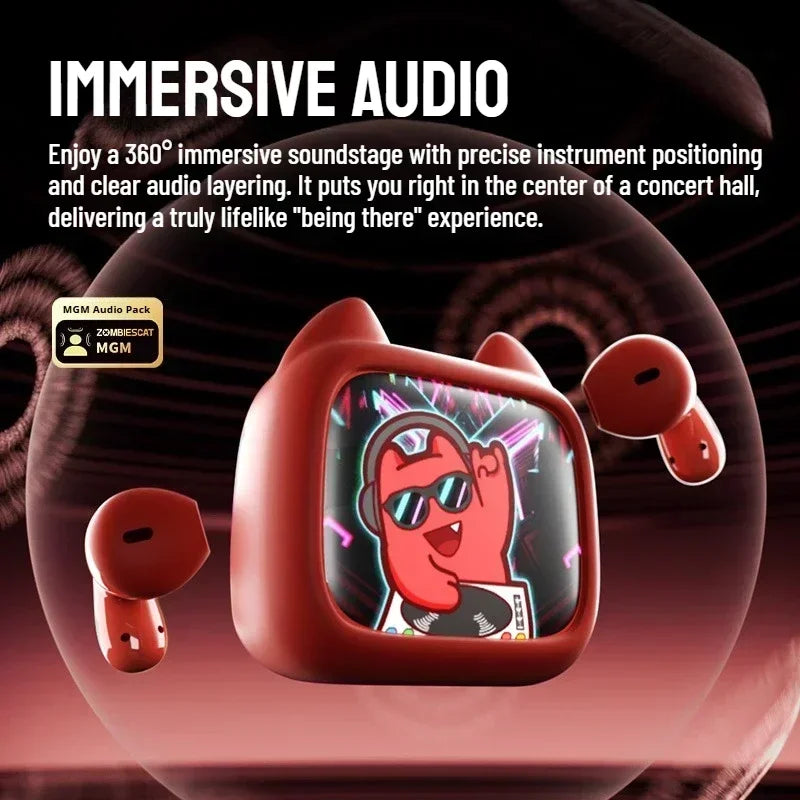 ZOMBIES CAT B19 Cat Wallet Bluetooth Earbuds – Mini TV Touchscreen Case, 13mm Drivers, ENC Mic & 30H Wireless Playtime