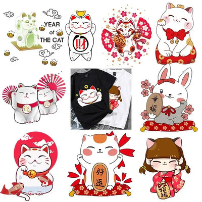 Lucky Cat Iron-On Transfers, Maneki-Neko Heat Transfer Stickers