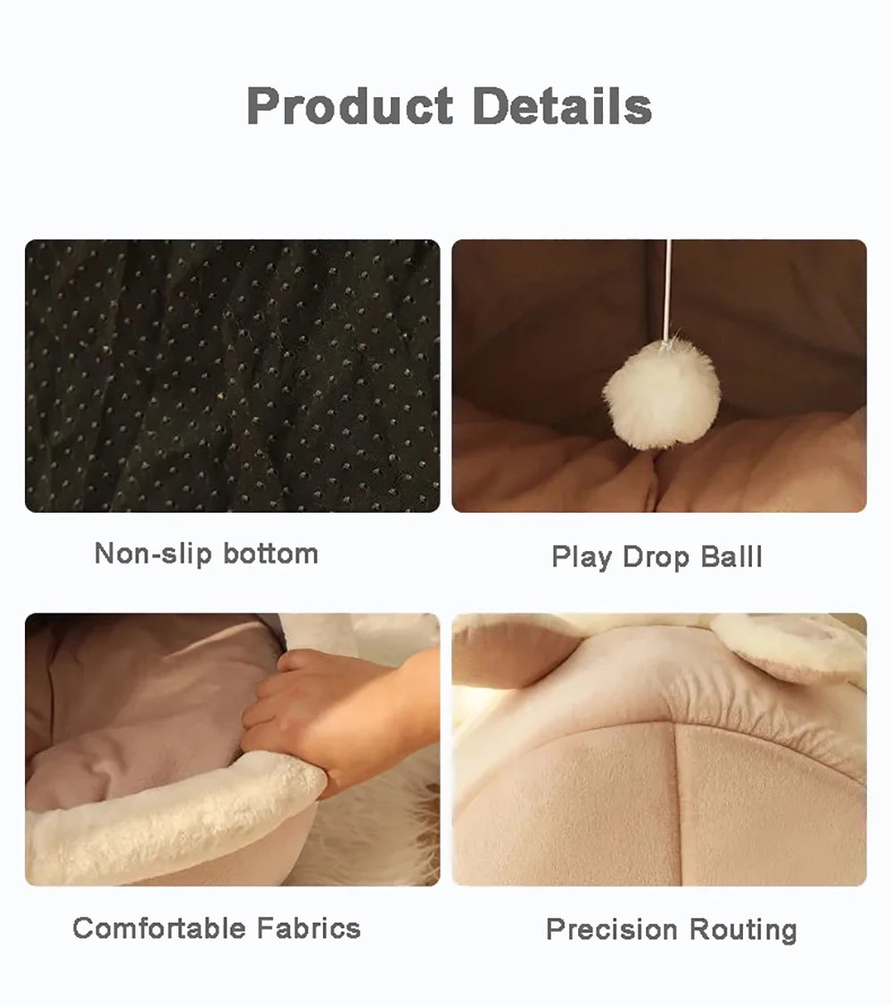 Cat Tent Cave Bed with Reversible Cushion and Pom-Pom