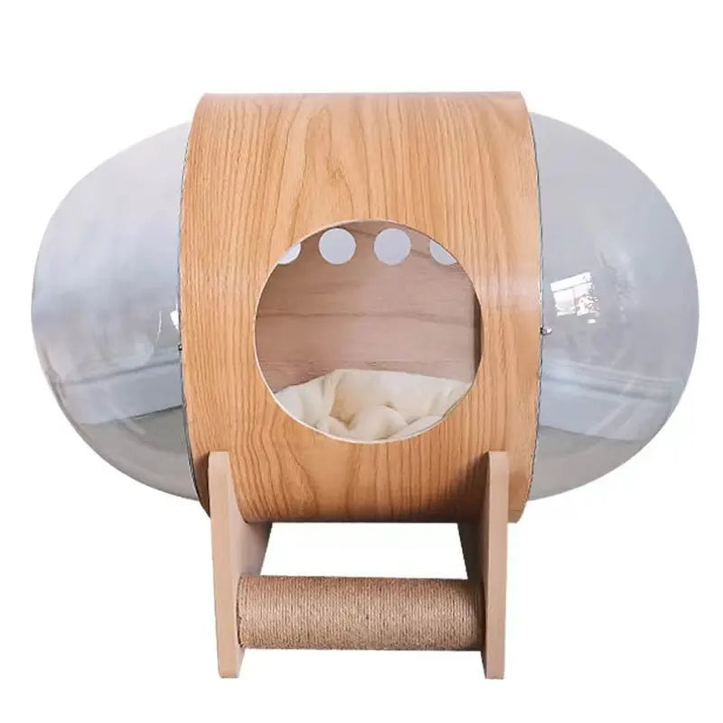 Space Capsule Cat Bed with Clear Dome and Scratching Post
