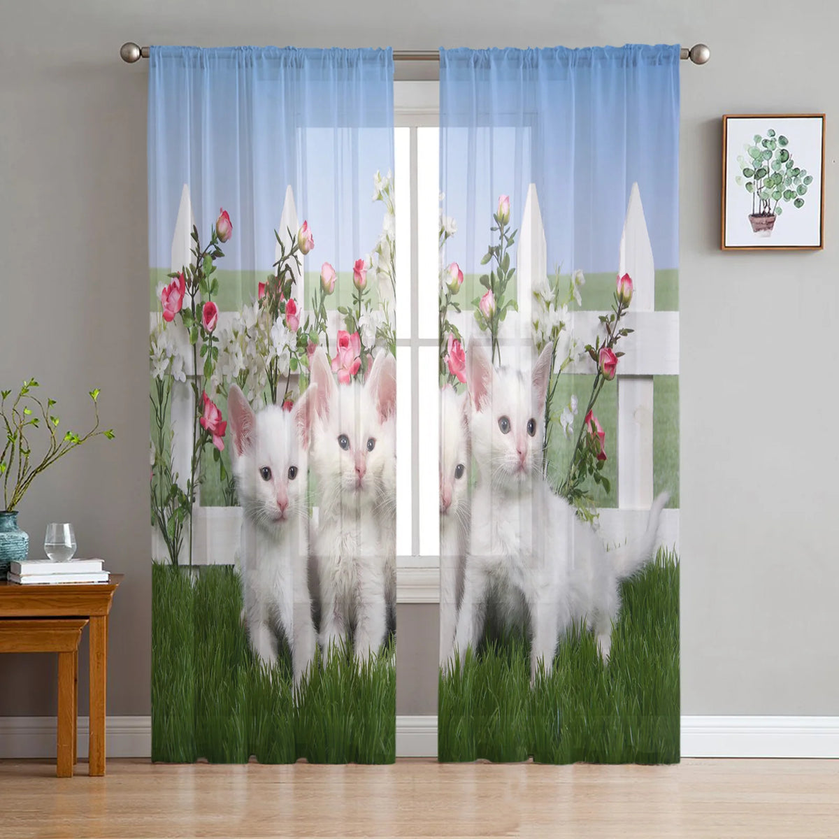 Cartoon Cat Sheer Curtains, Printed Voile Window Panels Set of 2