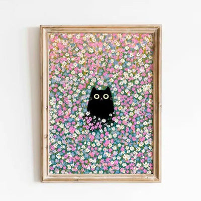 Black Cat in Monet’s Water Lilies Canvas Print, Funny Art Parody Poster