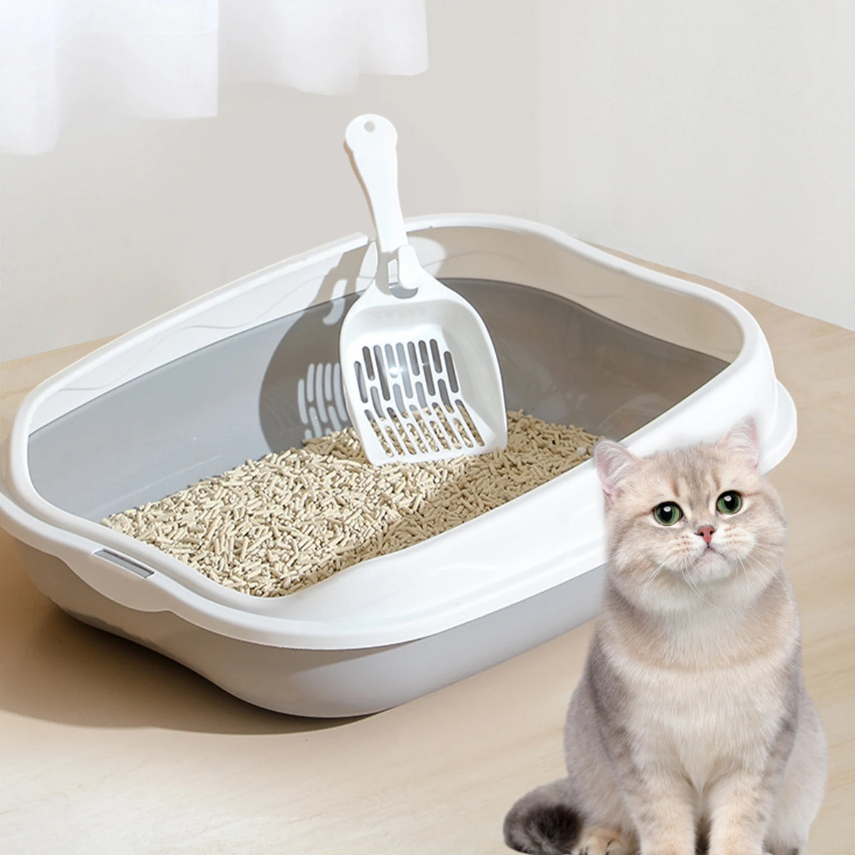 Semi-Open Cat Litter Box With Scoop Hook and Litter Step, Gray