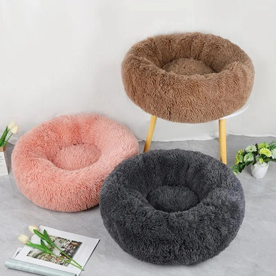 Pink Fluffy Donut Cat Bed, 40 cm Round Faux Fur Nest