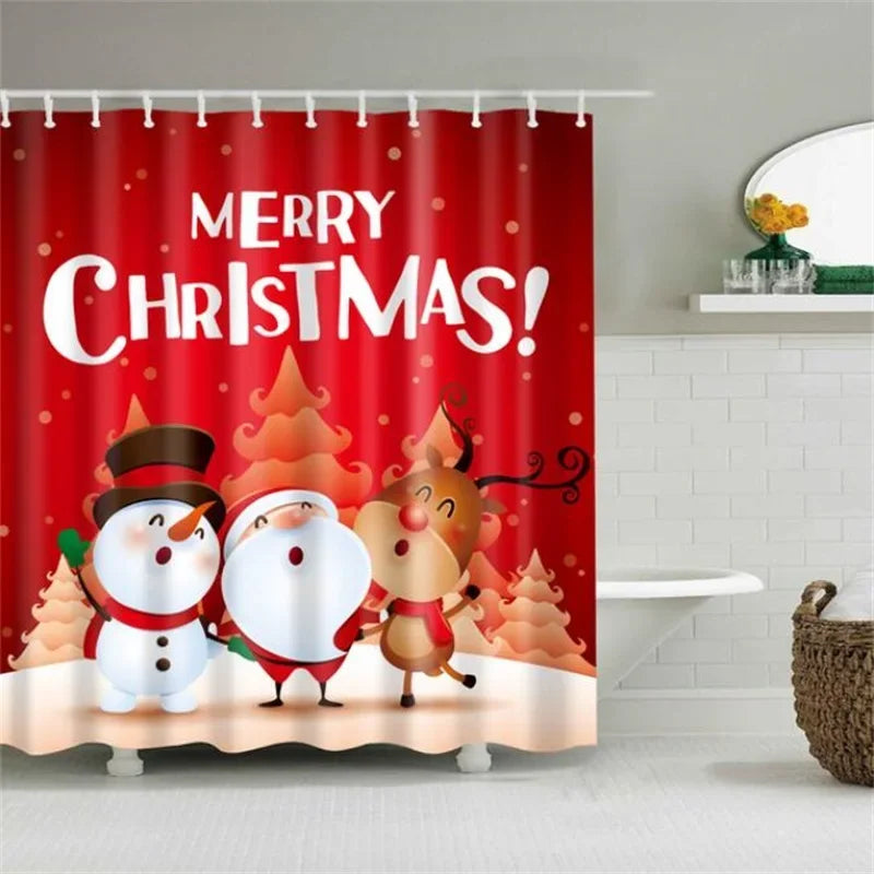 Christmas Shower Curtain with Snowman and Santa, Hooks Included