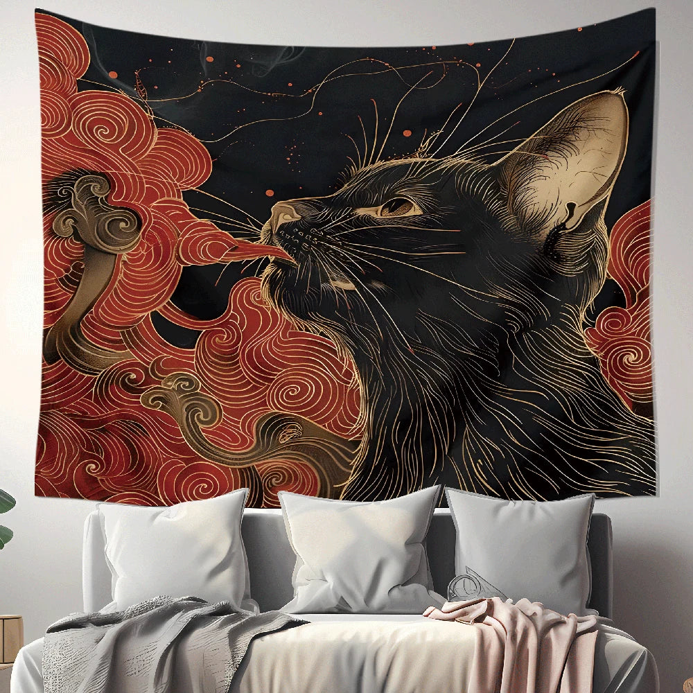 Ukiyo-e Cat Tapestry, Japanese Cat Swallowing the Great Wave Wall Hanging