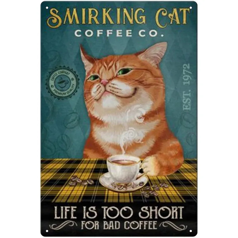 Coffee Cat Tin Sign, Retro Metal Kitchen and Cafe Wall Decor