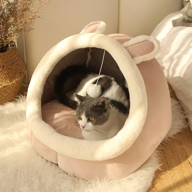 Cat Tent Cave Bed with Reversible Cushion and Pom-Pom