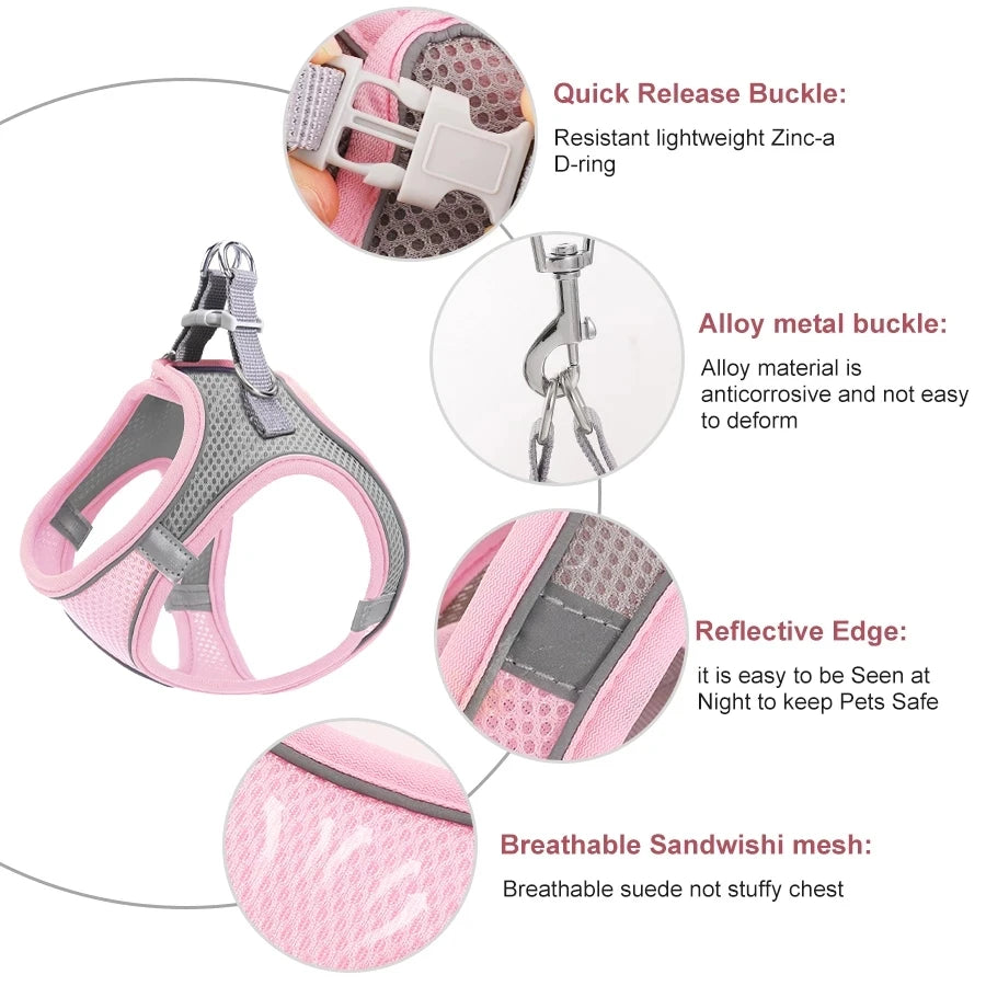 Step-In Cat Harness and Leash Set, Breathable Mesh Vest With Reflective Edges