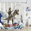 Funny Cat Riding a T-Rex Shower Curtain, Japanese Wave Decor