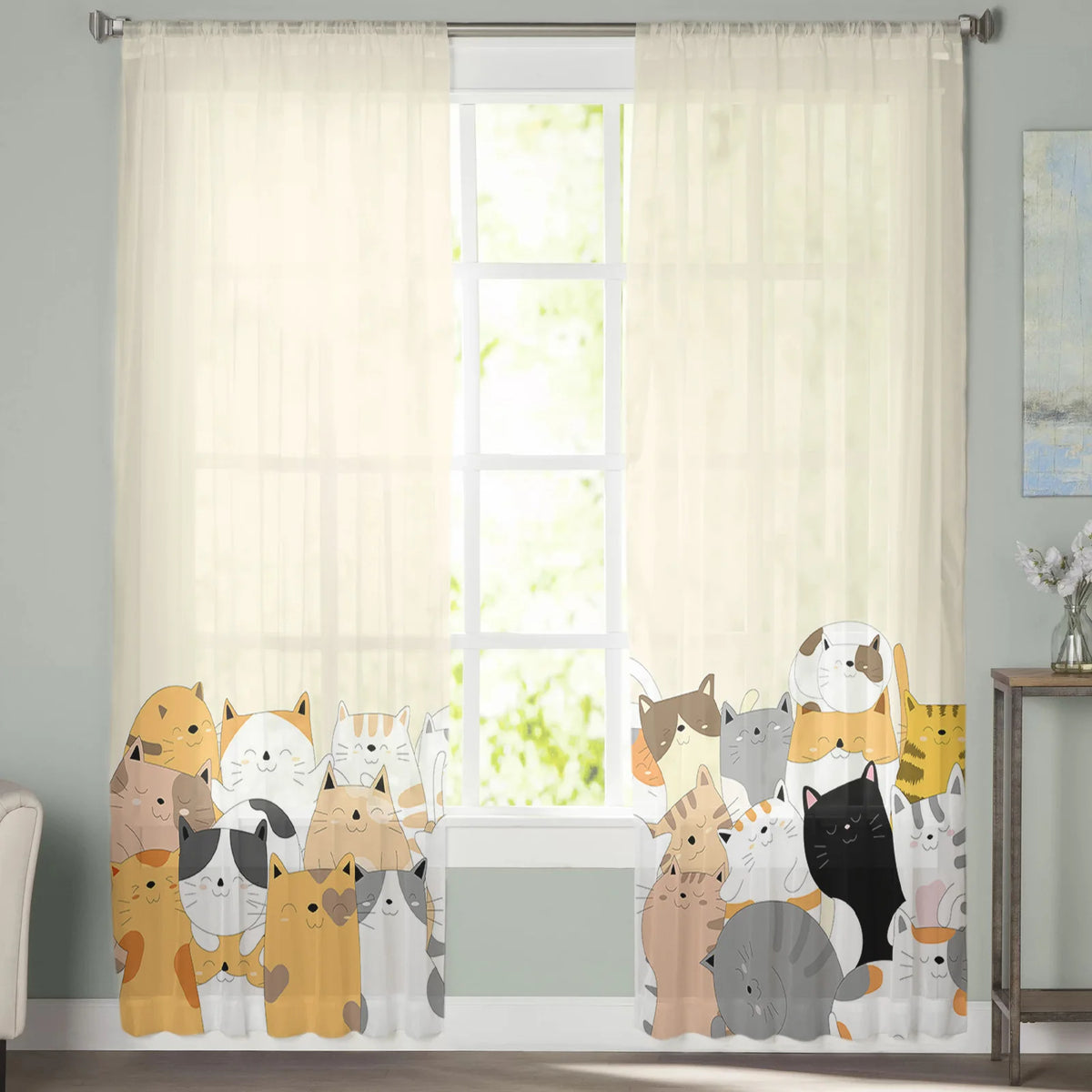 Cartoon Cat Sheer Curtains, Printed Voile Window Panels Set of 2