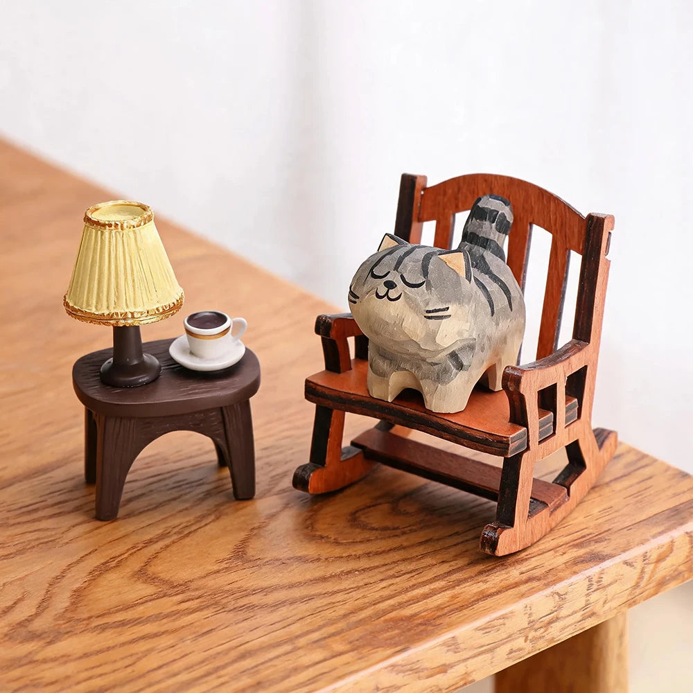 Hand-Carved Wooden Cat Figurine, 8 Breeds in Painted Basswood