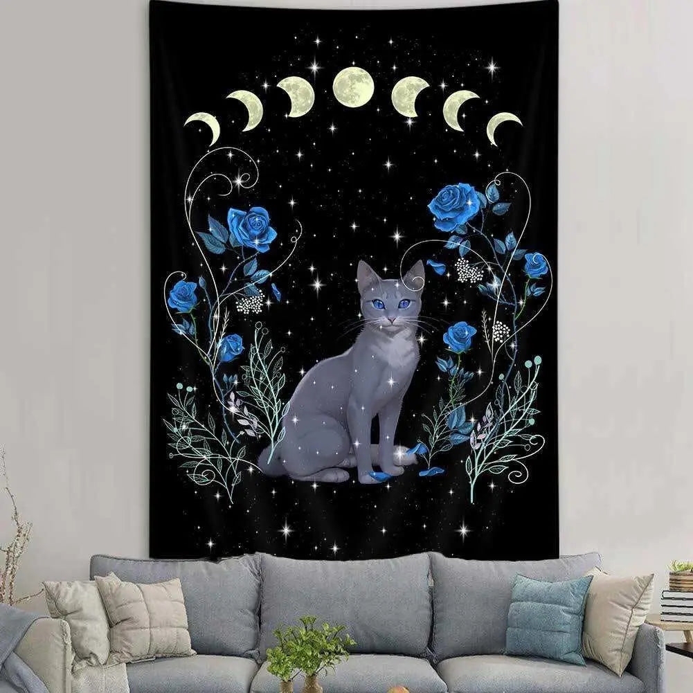 Black Cat Moon Phase Tapestry with Blue Roses, Vertical