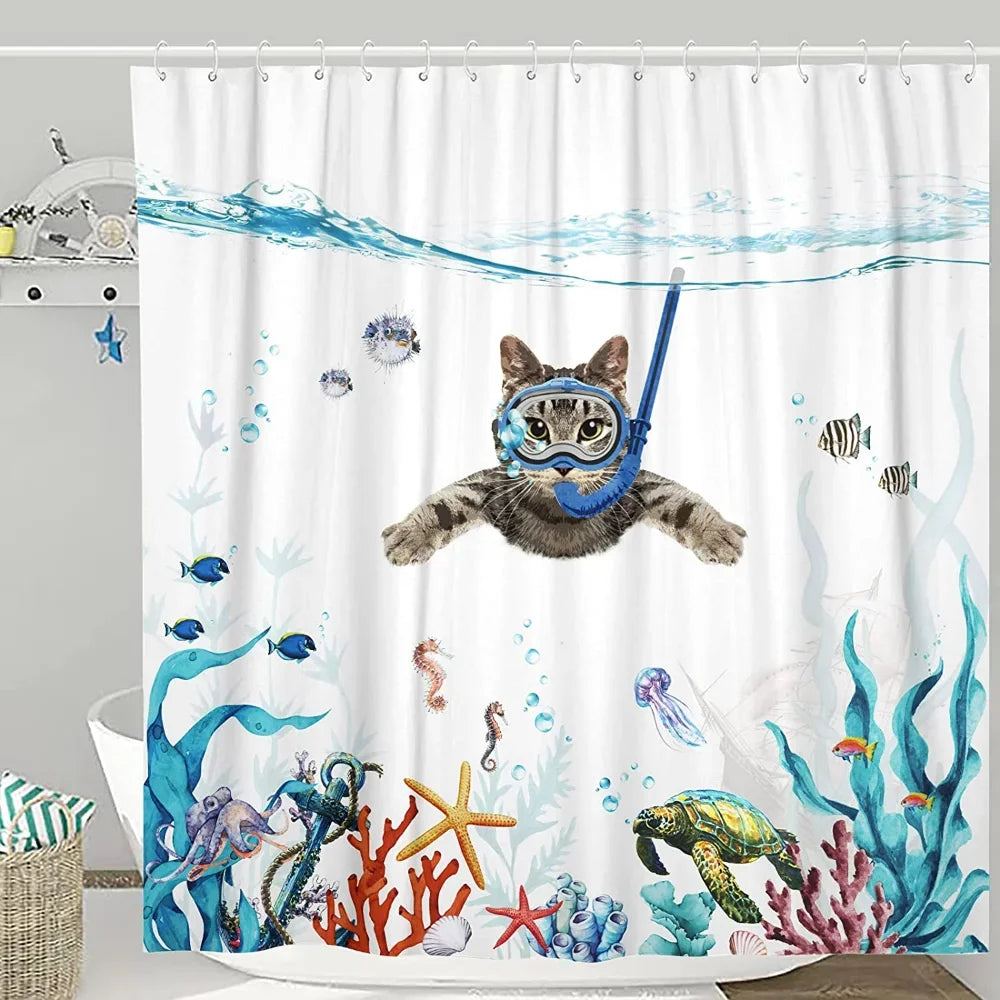 Funny Cat Riding a Shark Shower Curtain, Ocean Wave Bath Decor