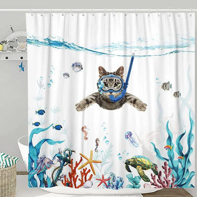Shark Riding Cat Shower Curtain, Funny Gift for Cat Lovers