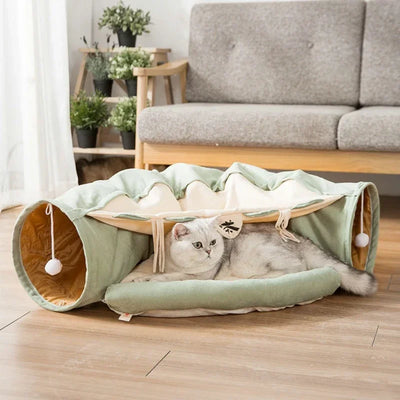 Cat Tunnel Bed with Center Mat and Hanging Pom-Pom Toys