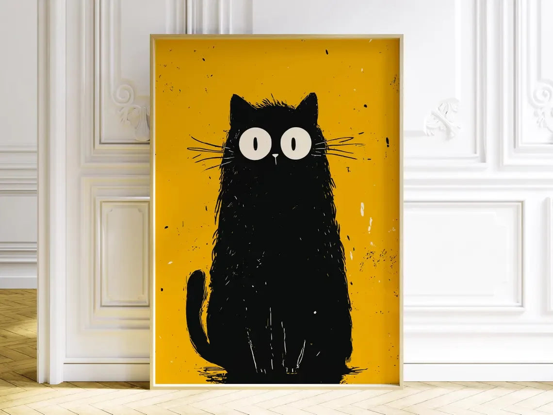 Black Cat Poster on Bold Orange, Funny Minimalist Cat Art Print