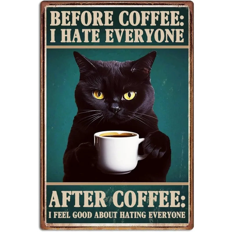 Coffee Cat Tin Sign, Retro Metal Kitchen and Cafe Wall Decor