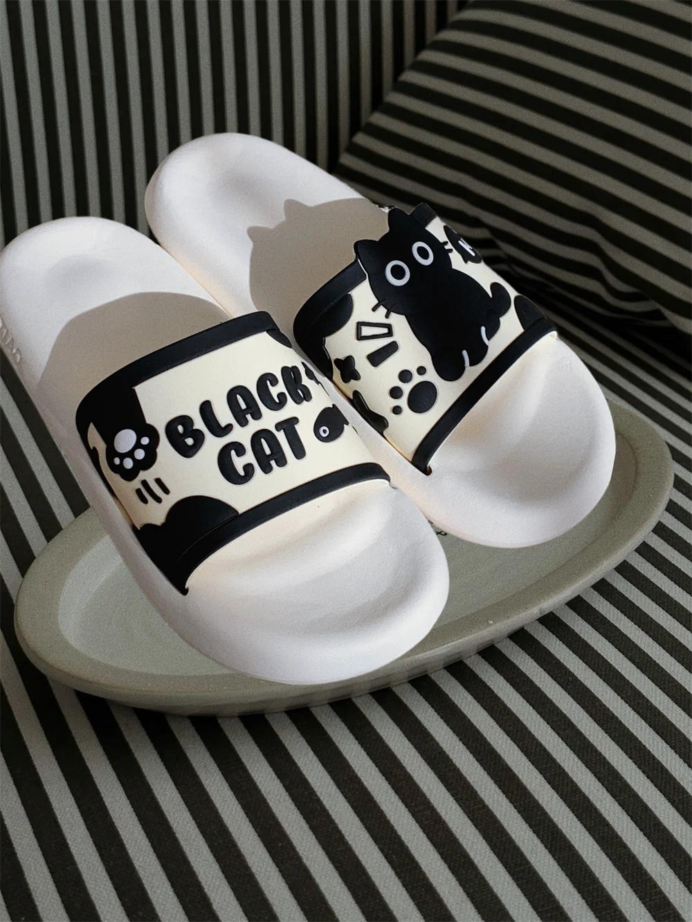 Black Cat Shower Slides for Women, Thick Cushioned EVA Sole