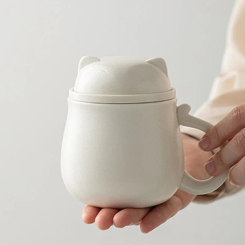 Lucky Cat Tea Mug With Infuser and Lid, Ceramic Tea Cup