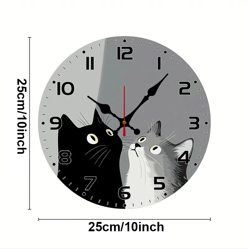 Two Cats Wall Clock, Black and Gray Cats Looking Up at the Time