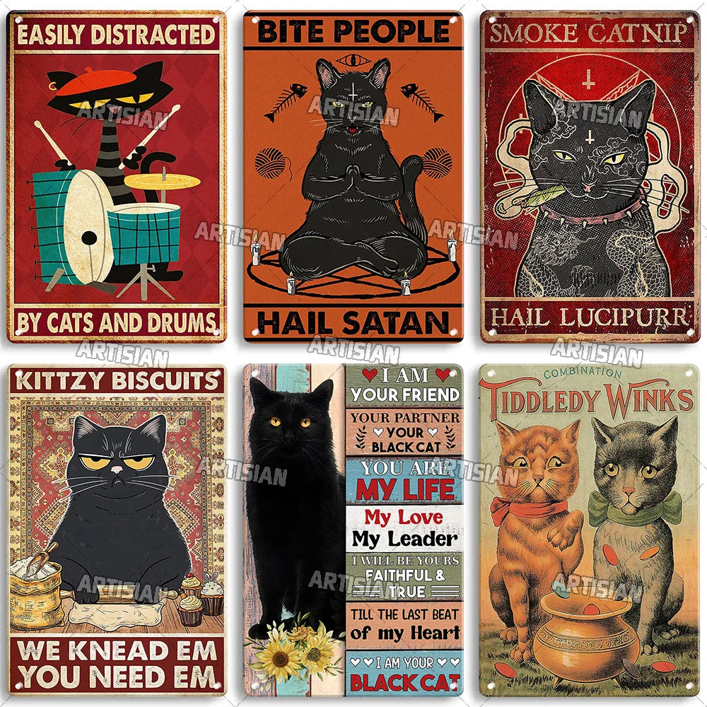 Black Cat Vintage Tin Plate, Horizontal Retro Wall Sign Gift