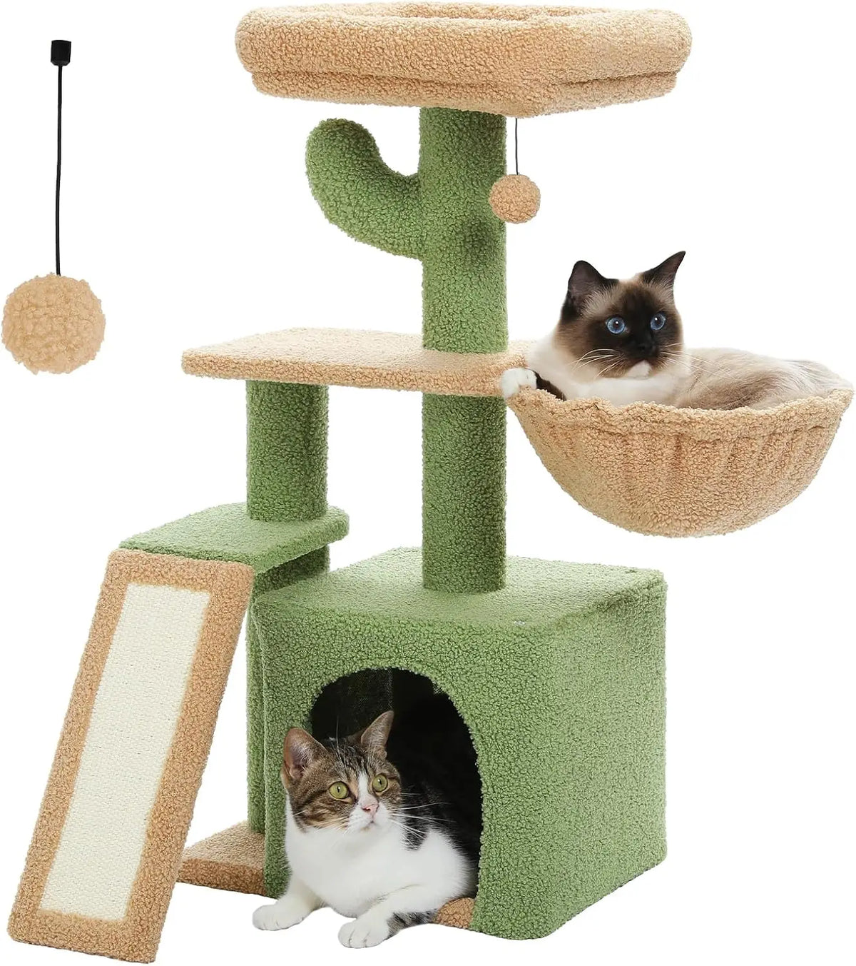 Green Cactus Cat Tree with Hammock and Scratching Ramp