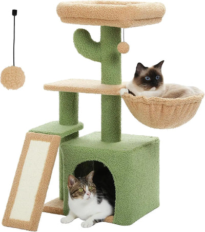 Green Cactus Cat Tree with Hammock and Scratching Ramp