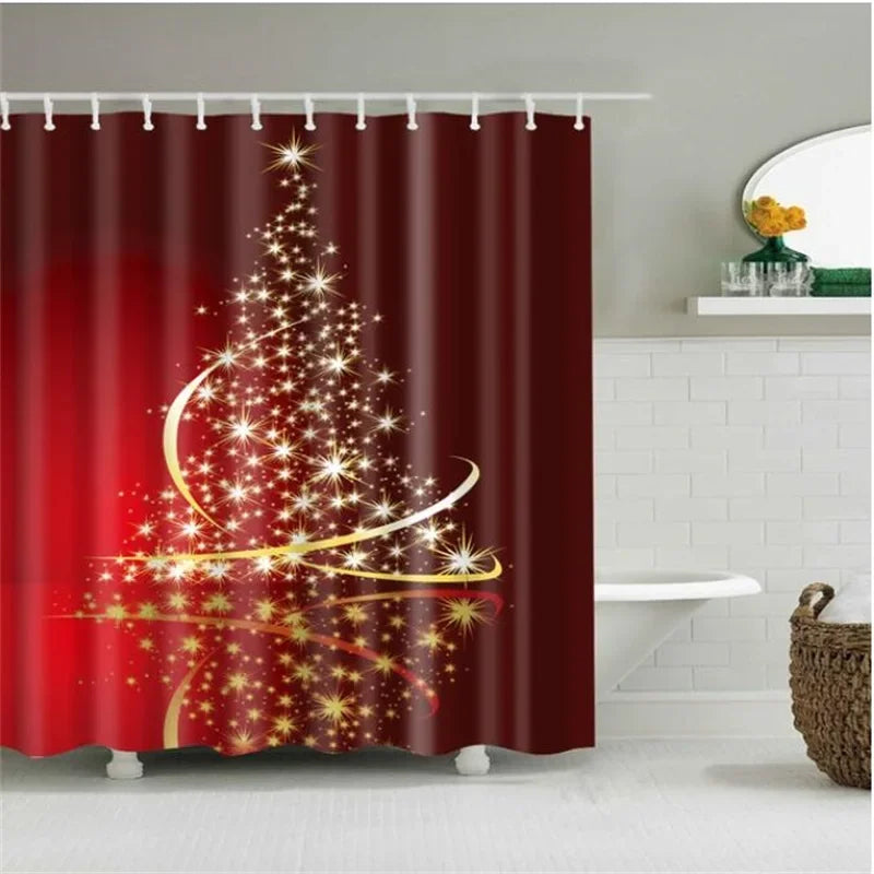 Christmas Shower Curtain with Snowman and Santa, Hooks Included