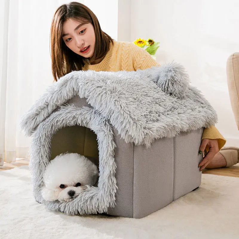 Shaggy Roof Cat House Bed with Fluffy Faux Fur Trim