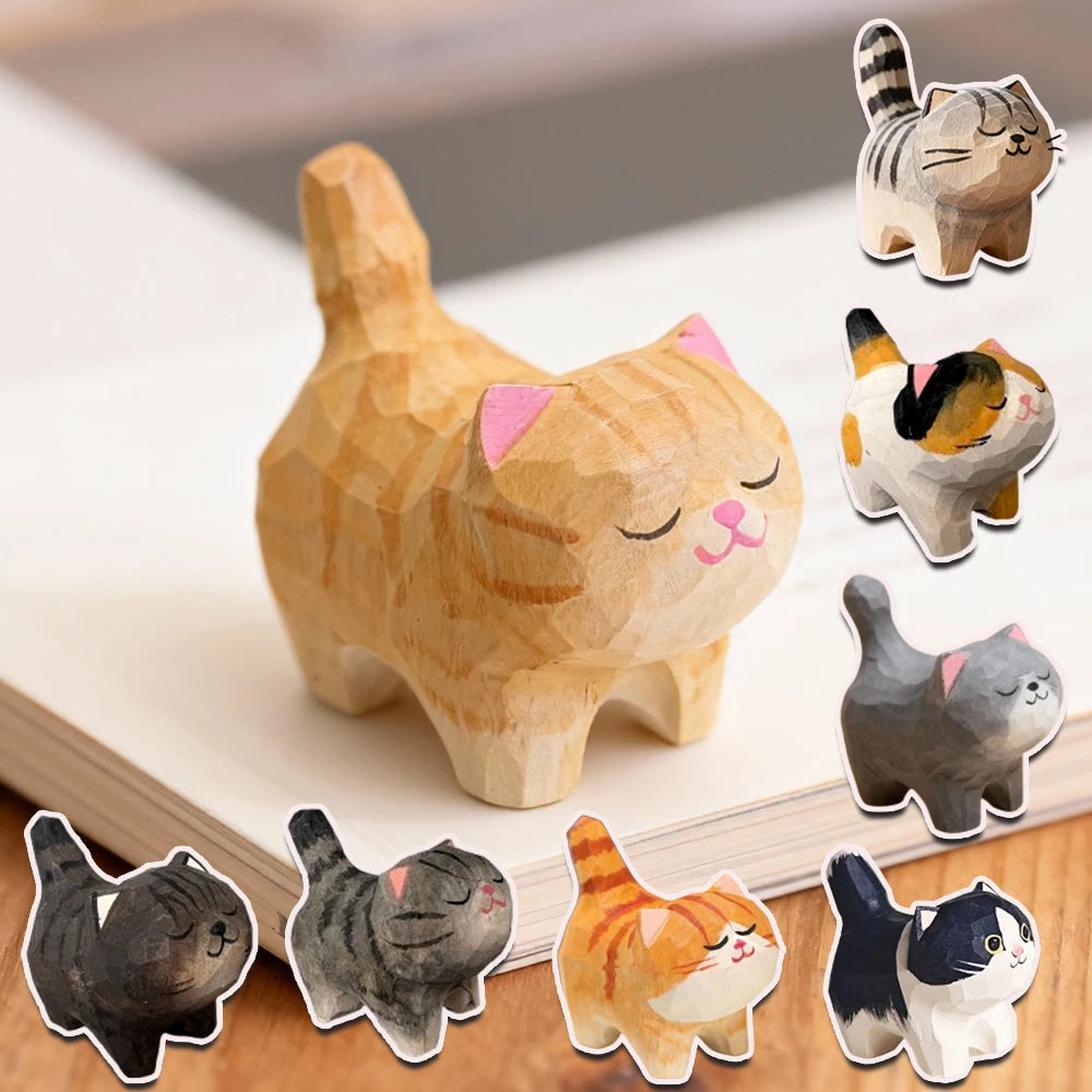 Hand-Carved Wooden Cat Figurine, 8 Breeds in Painted Basswood