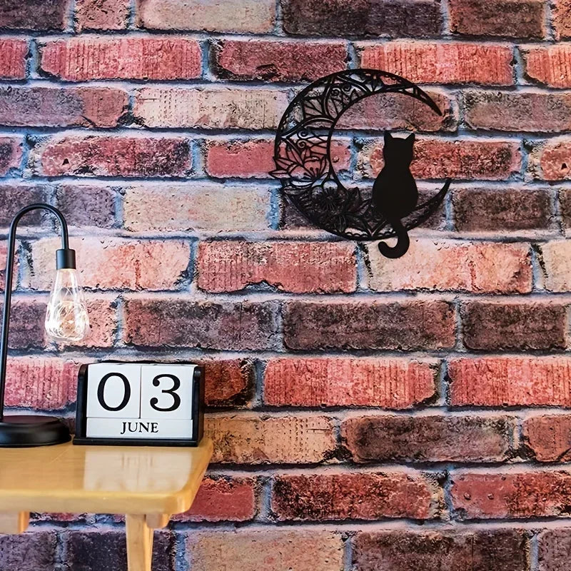 Black Cat on the Moon Metal Wall Art, Floral Crescent Decor