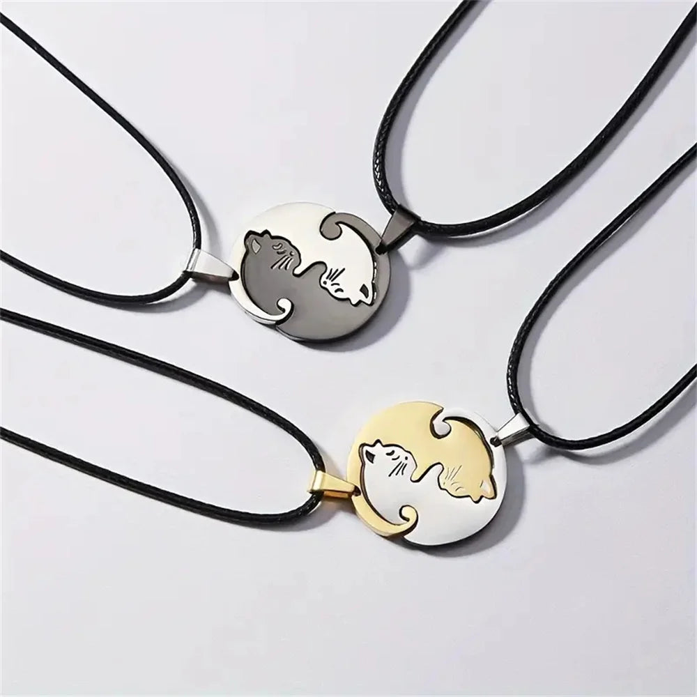 Matching Cat Couple Necklaces, 2-Piece Interlocking Gold and Silver-Tone Pendants