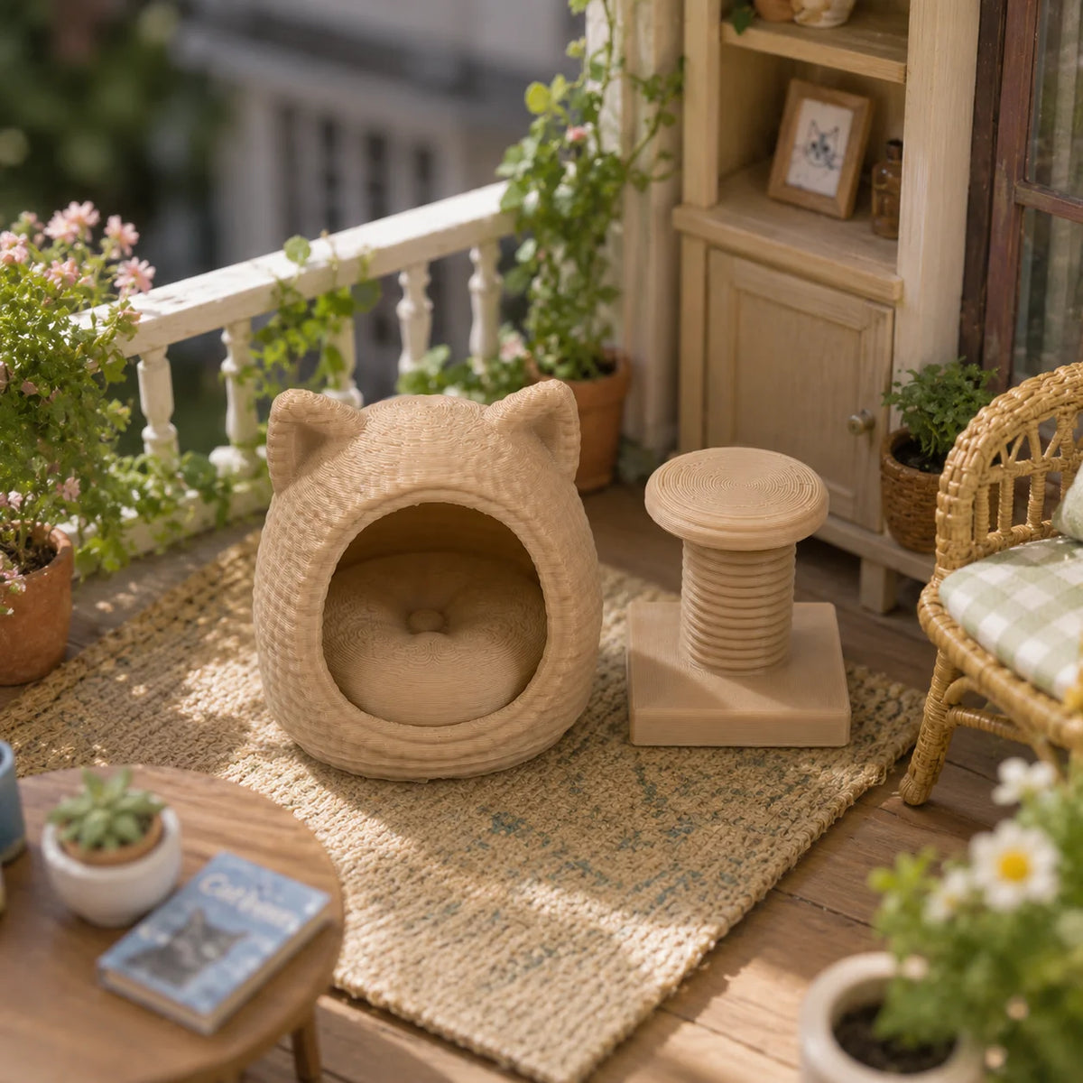 Miniature Cat Bed and Cat Tree Set for 1:12 Dollhouses